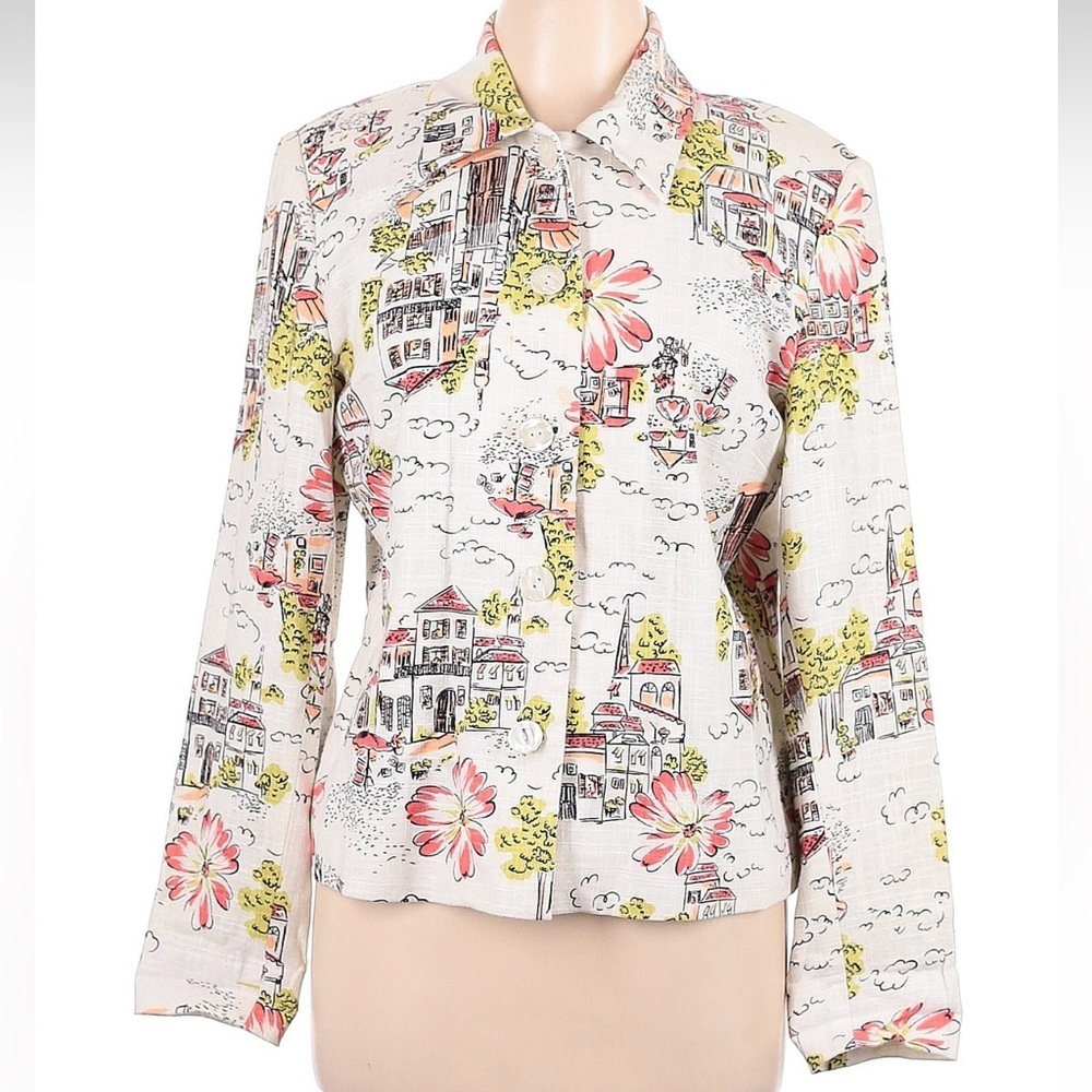 Vintage Coldwater Creek Linen Hawaii City Scape Art To Wear Jacket Blazer Size M